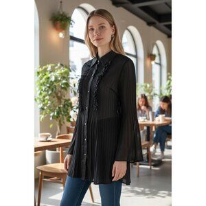 NEW Sunny Leigh Womens M Black Sheer Button Pleated Tunic Top Ruffle Stretch